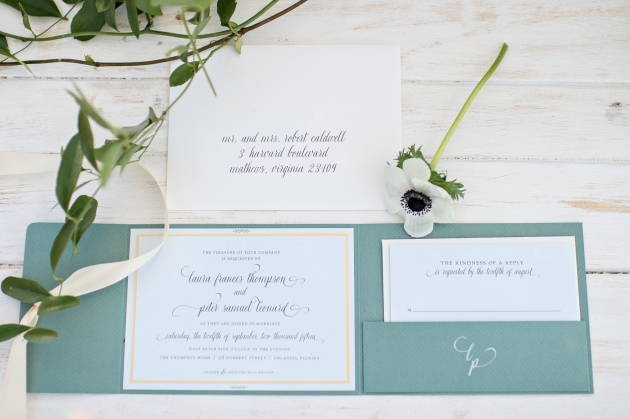 Green and gold wedding invitations